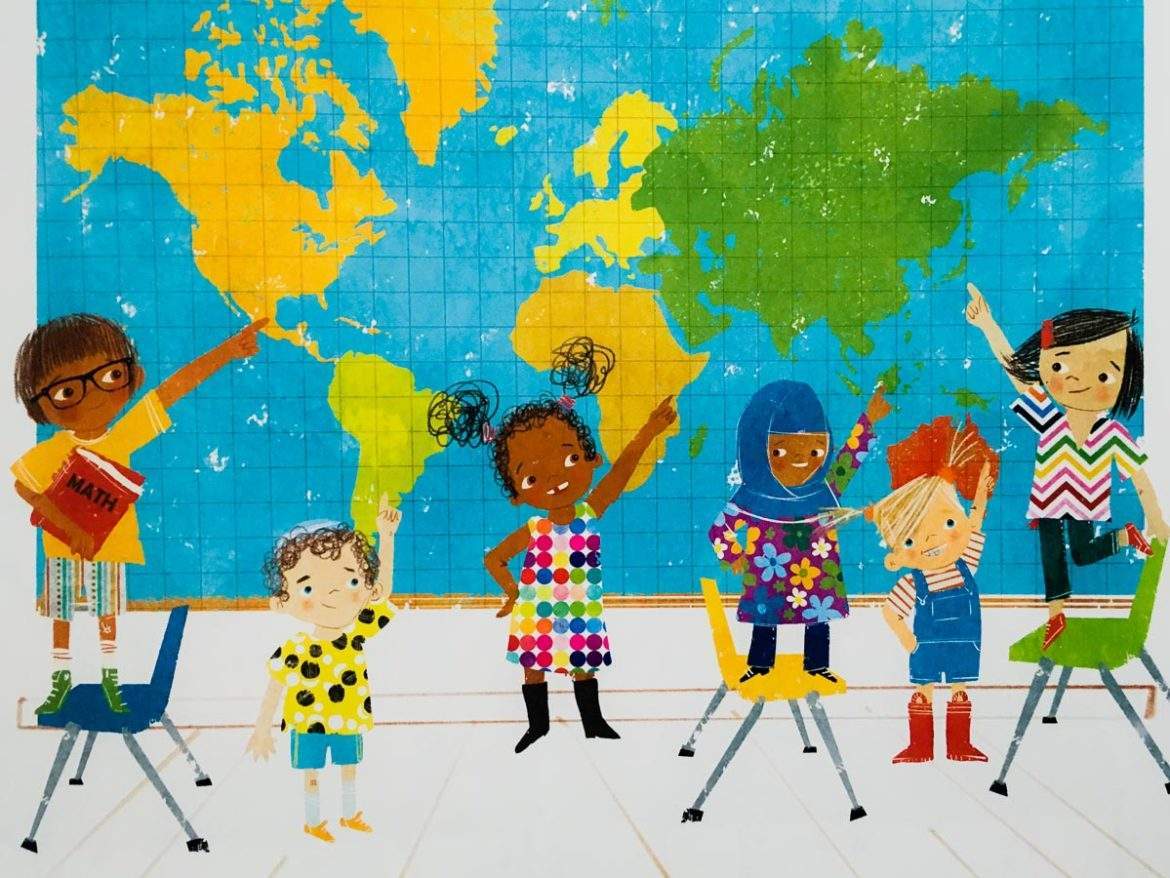 All-Are-Welcome_Penfold_Kaufman children pointing to world map