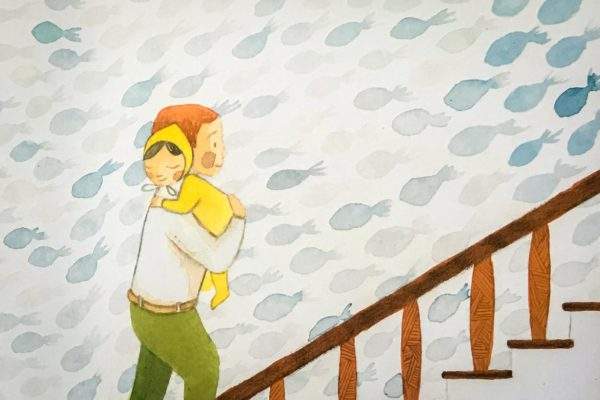 watercolor of father carrying sleeping baby up stairs