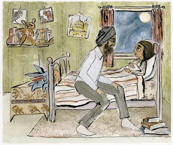 Father wearing dastaar tells bedtime stories to daughter illustration