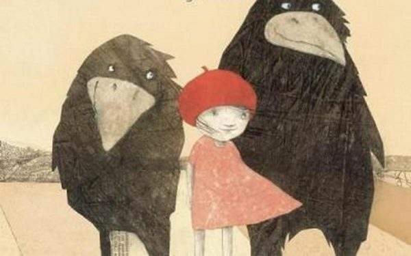 two ravens flanking a girl with red beret