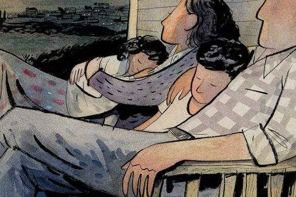 children rest on parents' chests on front porch illustration