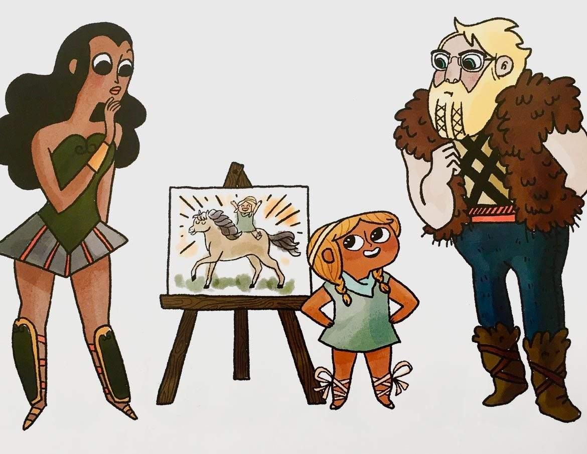 Princess and the pony Cartoonish illustration of a multiracial family with a brown-skinned mom with black hair, light-skinned blonde dad, and reddish-brown-skinned little girl with blonde hair
