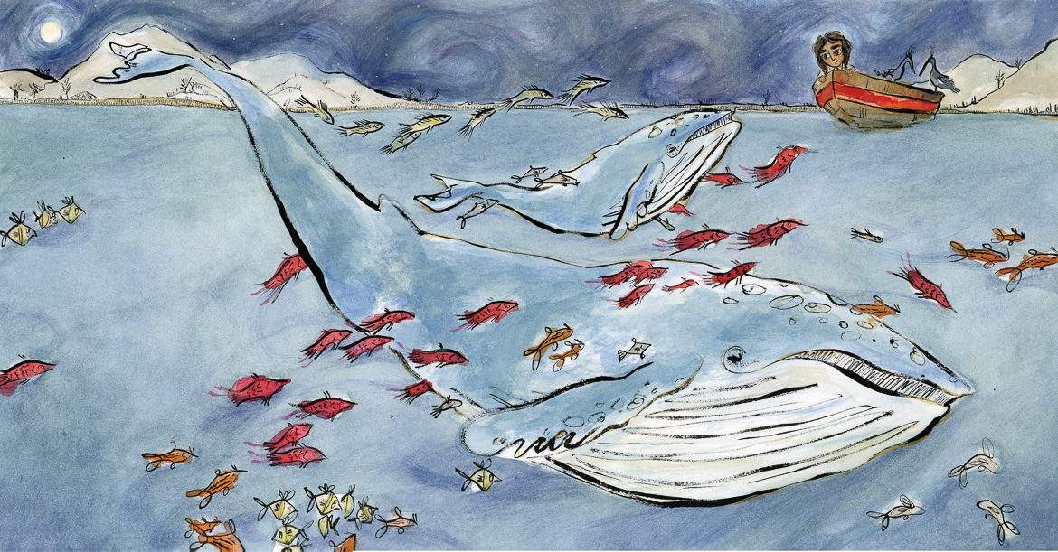 Whales & fish ocean illustration, girl in rowboat