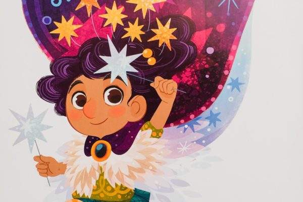 Illustration of multiracial Latina girl in sparkly costume