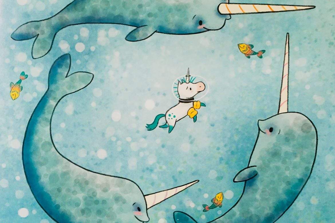Not_Quite_Narwhal-Jessie-Sima Baby unicorn wearing swimmies underwater with narwhals
