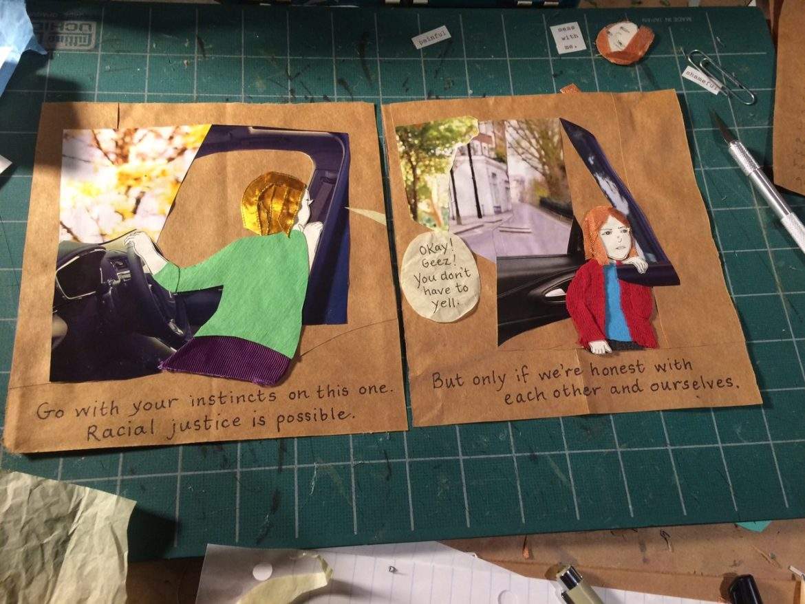 paper collage in progress about racial justice