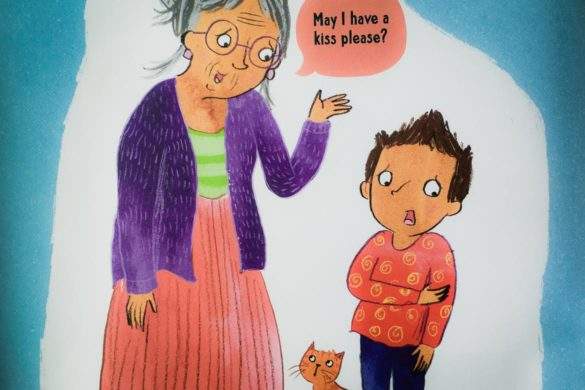 Elderly woman asking for a kiss from reluctant child