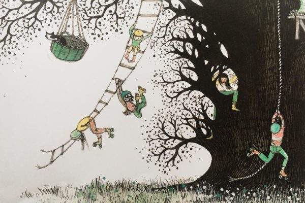 illustration kids playing in tree