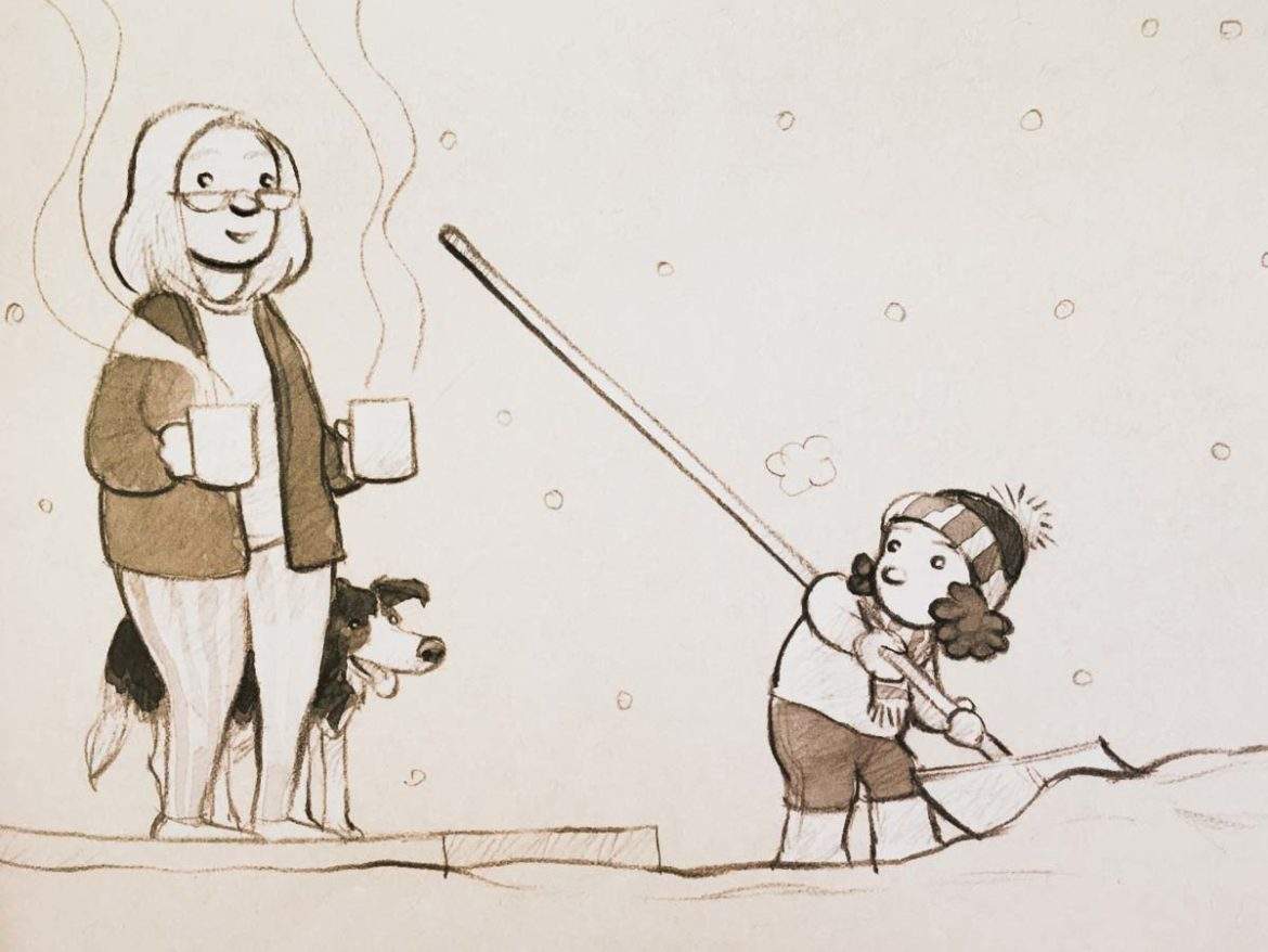 Girl-And-The-Bicycle-Mark-Pett sharing cocoa during snow shovelling