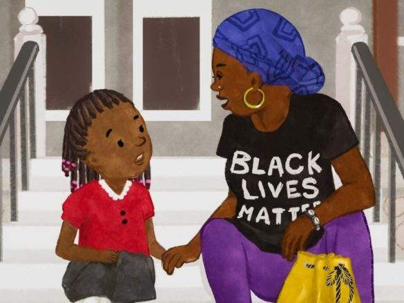 Girl & aunt talk on stoop