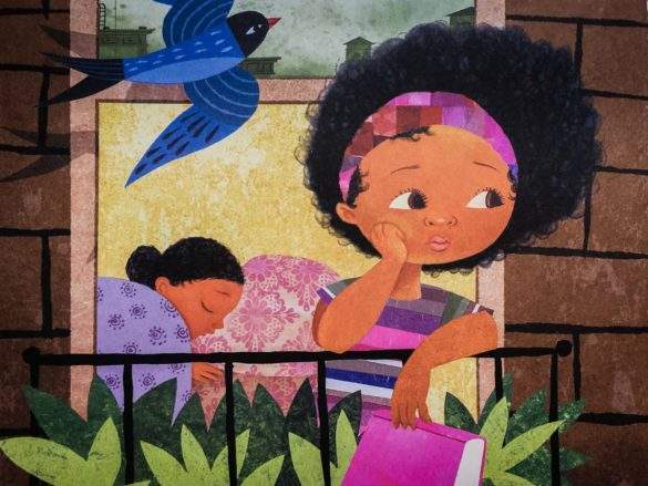 girl looks wistfully on balcony