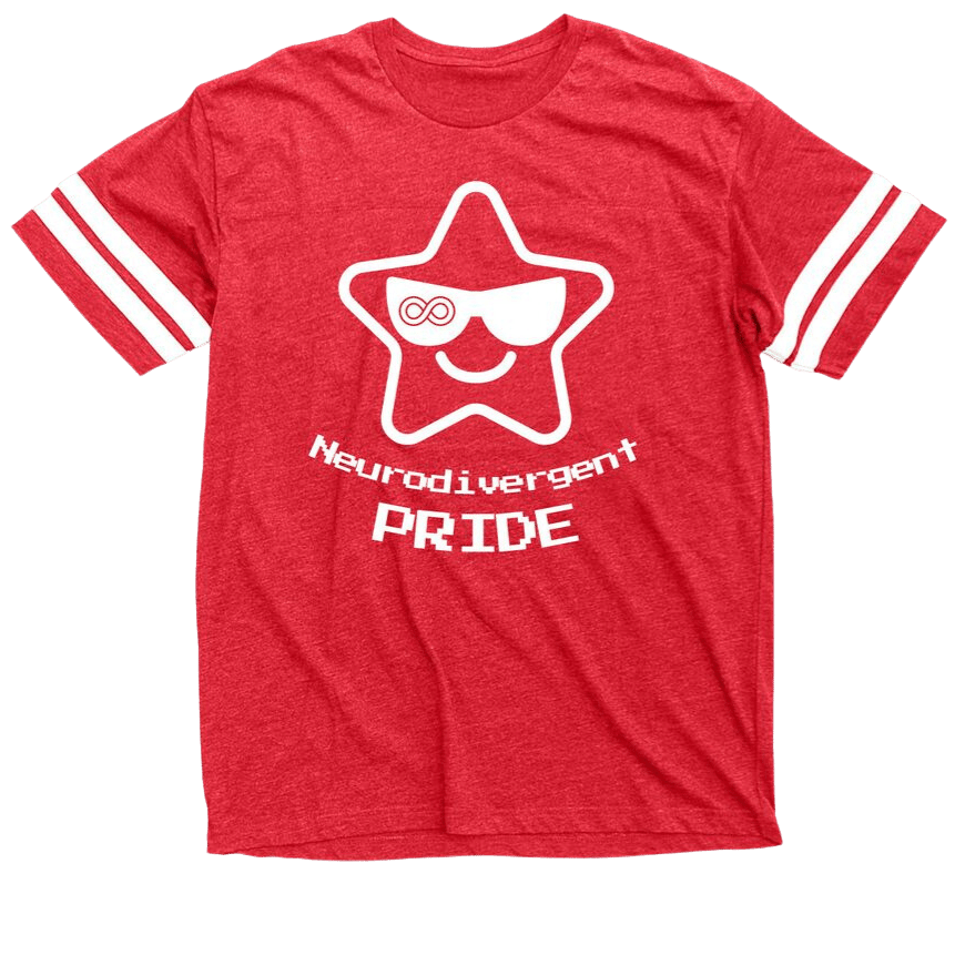 red neurodivergent pride t-shirt. star wearing sunglasses with the neurodiversity infinity logo on it