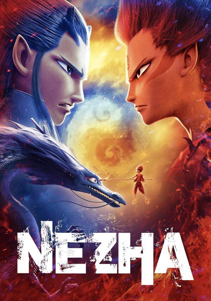 Cover of Nezha, featuring Ao Bing & Nezha facing off in their adult incarnations, and in the foreground, Nezha still in adult form poking Ao Bing's dragon form in the eyeball with his flaming spear.