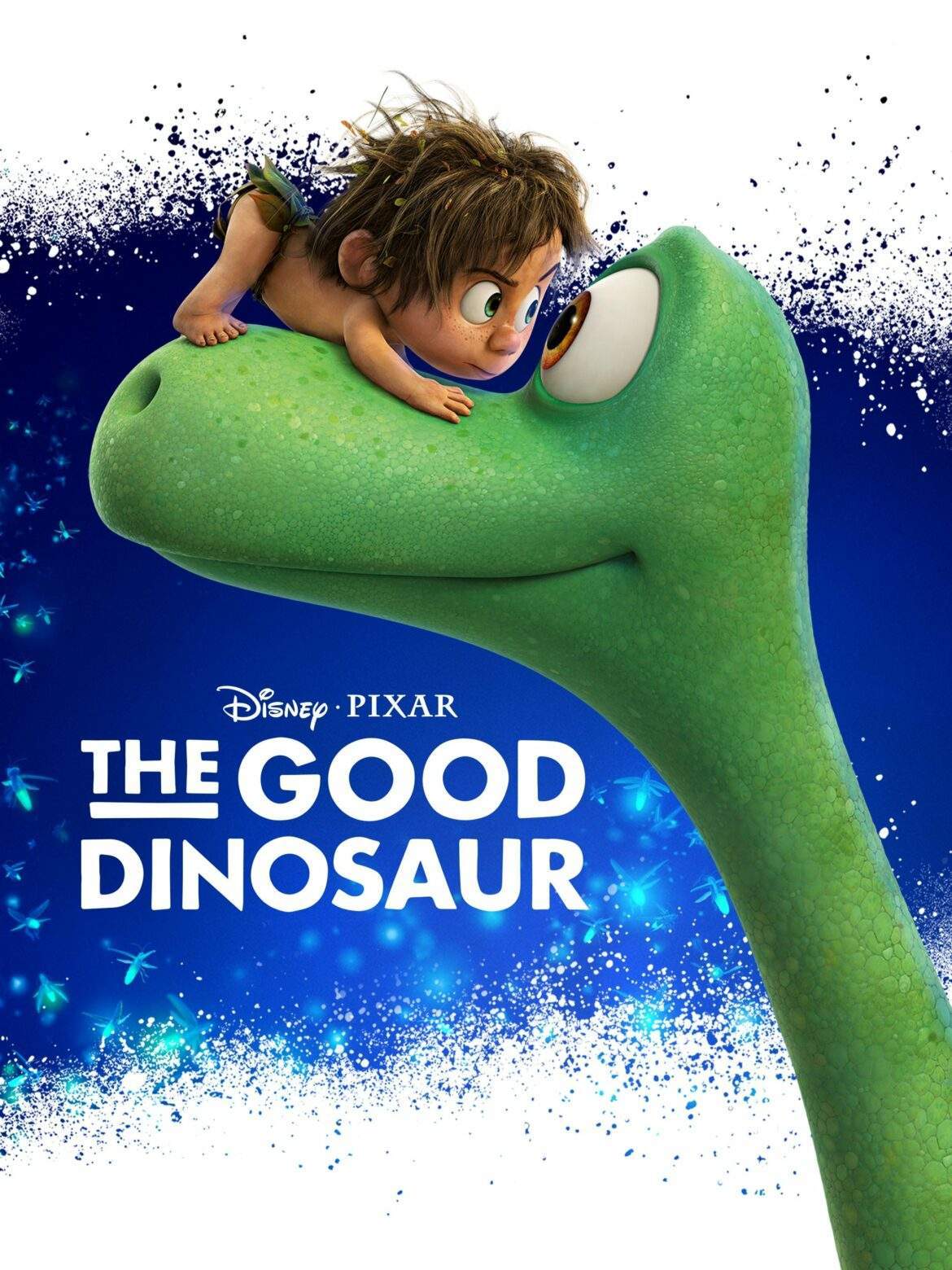 the good dinosaur cover of ‘The Good Dinosaur’ featuring a light-skinned child with messy brown hair sitting on the muzzle of a large dinosaur and staring into it’s eye in a comical way