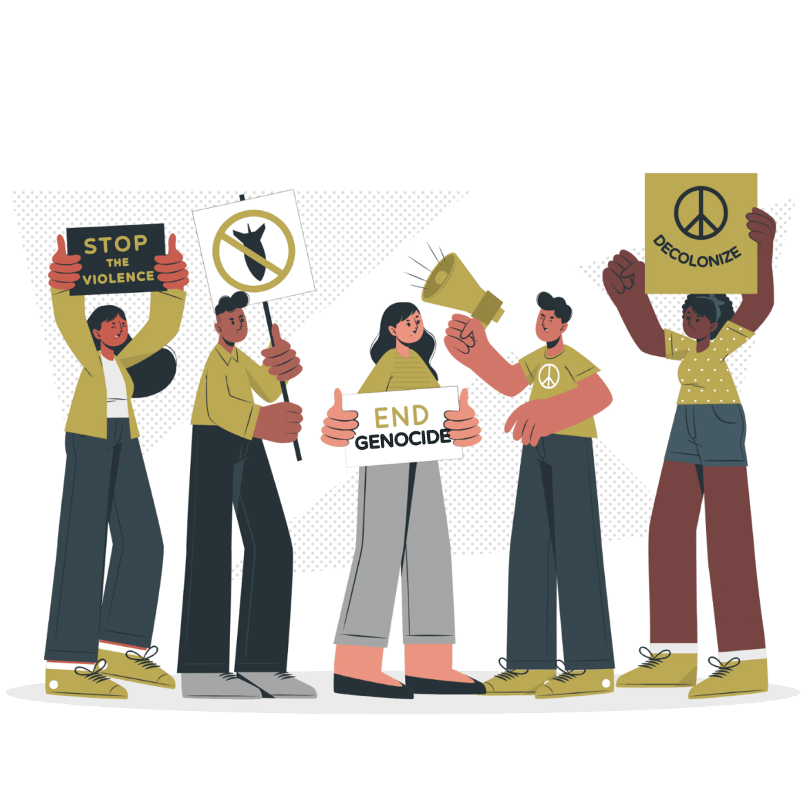 genocide & ethnic cleansing 5 cartoon protestors holding signs "stop the violence" "end genocide" "decolonize" peace & anti-missile graphics