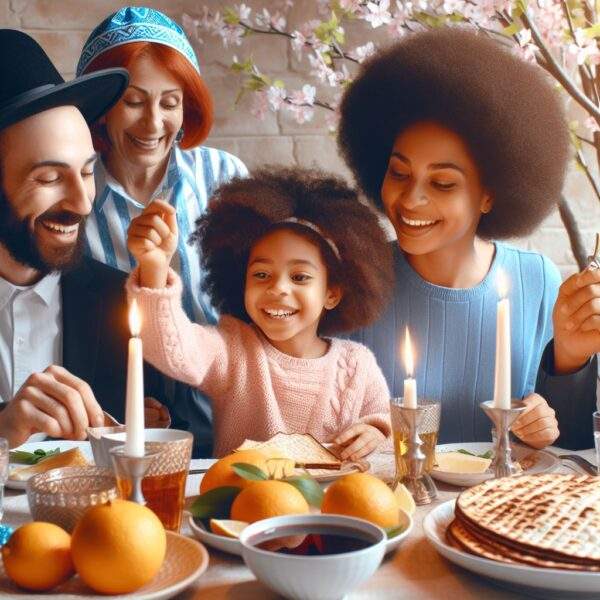 jewish family observe passover with candles, oranges, and seder plate