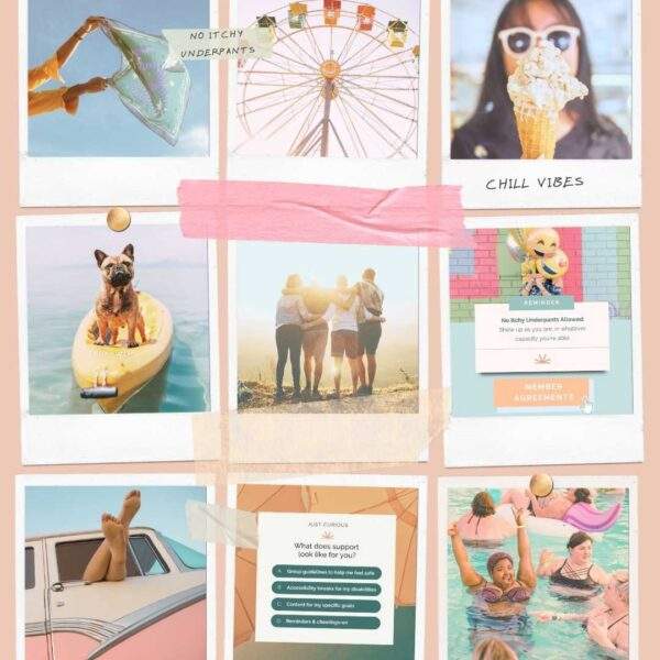 summer luminator snapshot collage with summer aesthetics like ferris wheels, sunny days, road trips, pool parties
