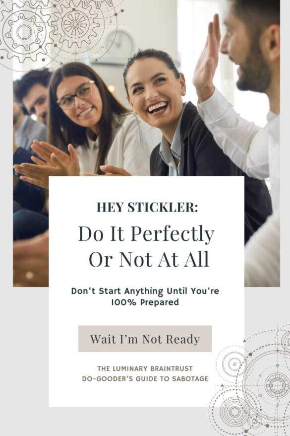 hey stickler: do it perfectly or not at all. don't start anything until you're 100% prepared. wait I'm not ready. the luminary braintrust do-gooder's guide to sabotage