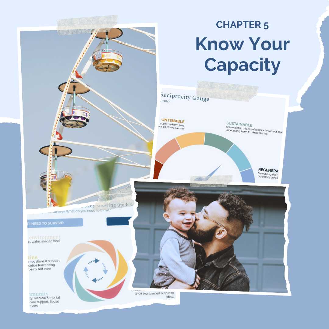 summer luminator chapter 5 preview. collage of parent kissing smiling baby's cheek, ferris wheel, and colorful infographics