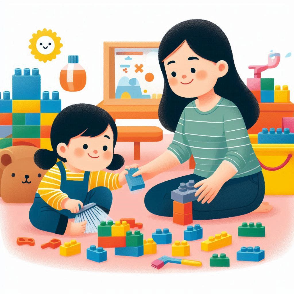 cute illustration parent and child cleaning up blocks