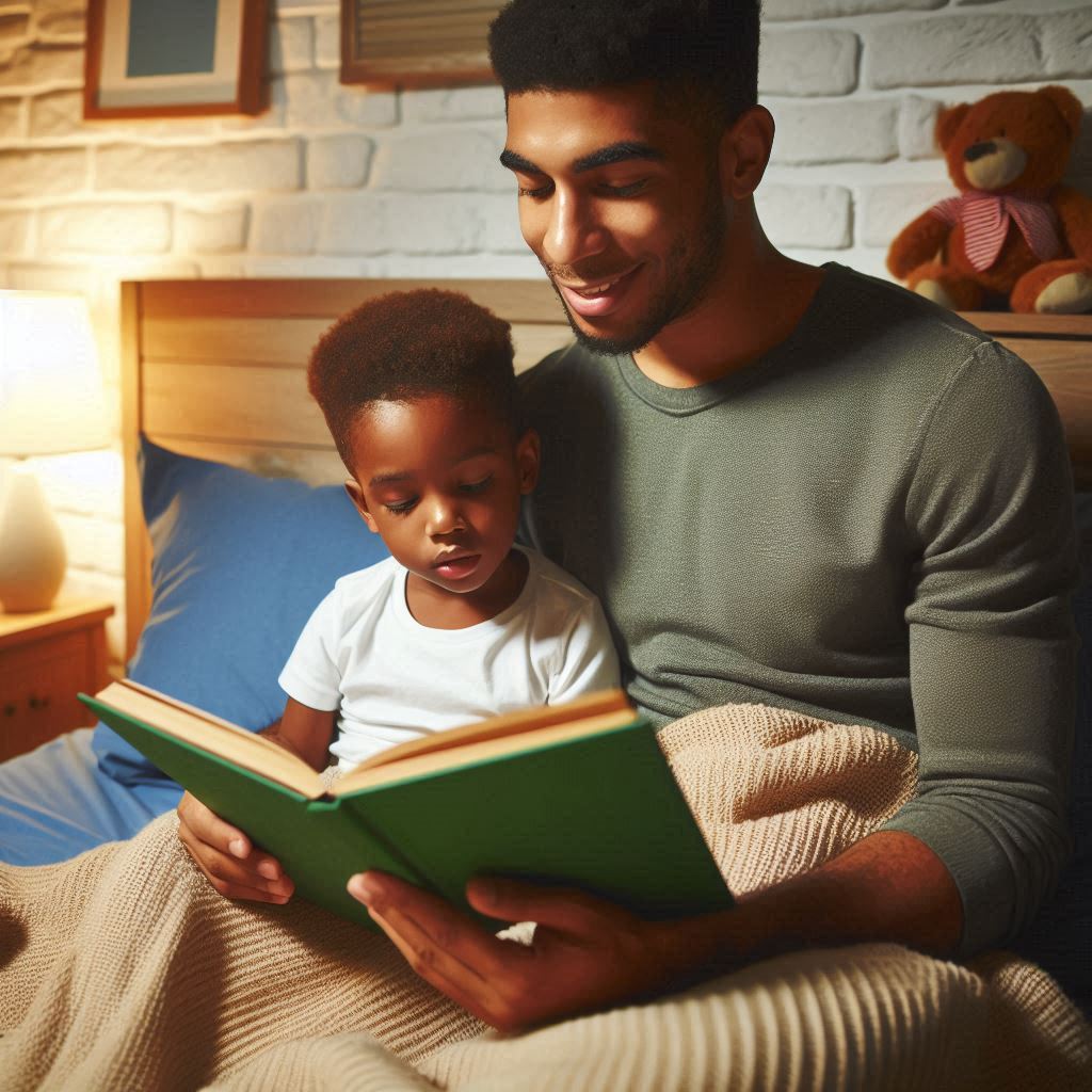 parent reading bedtime story to child