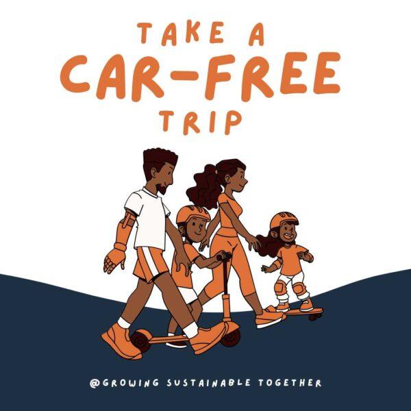 Take a car free trip. family of four walk, skate, and scooter together