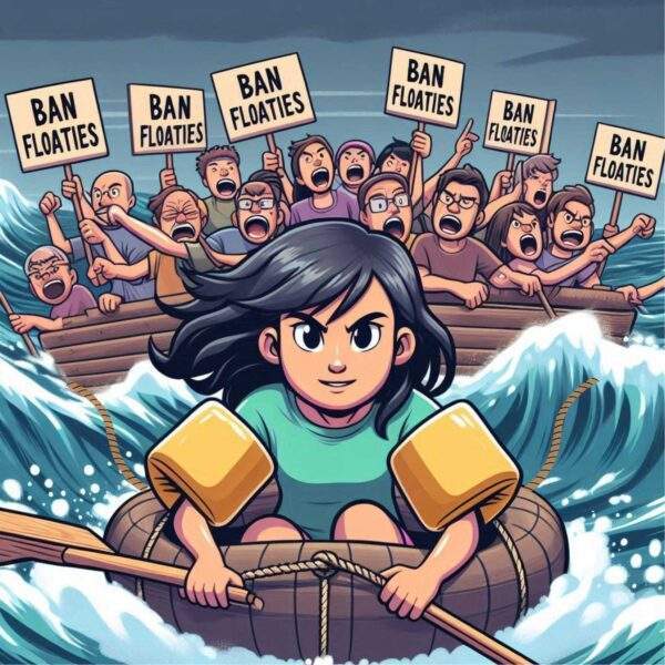 An asian mom wearing arm floaties in an inner tube paddles through a choppy ocean, towing behind them a raft full of angry white people pointing and shouting and holding 'ban floaties' signs