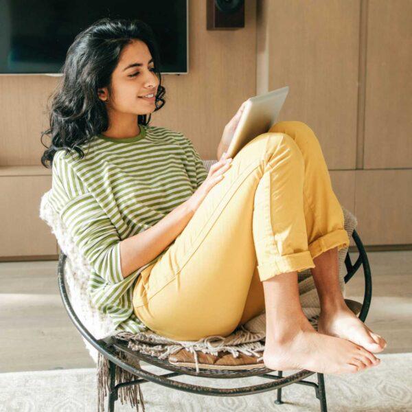 woman reading tablet