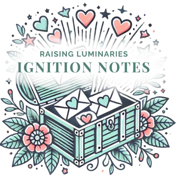 raising luminaries ignition notes. letters seaked with hearts, hearts, flowers and stars bursting out of a wooden trunk